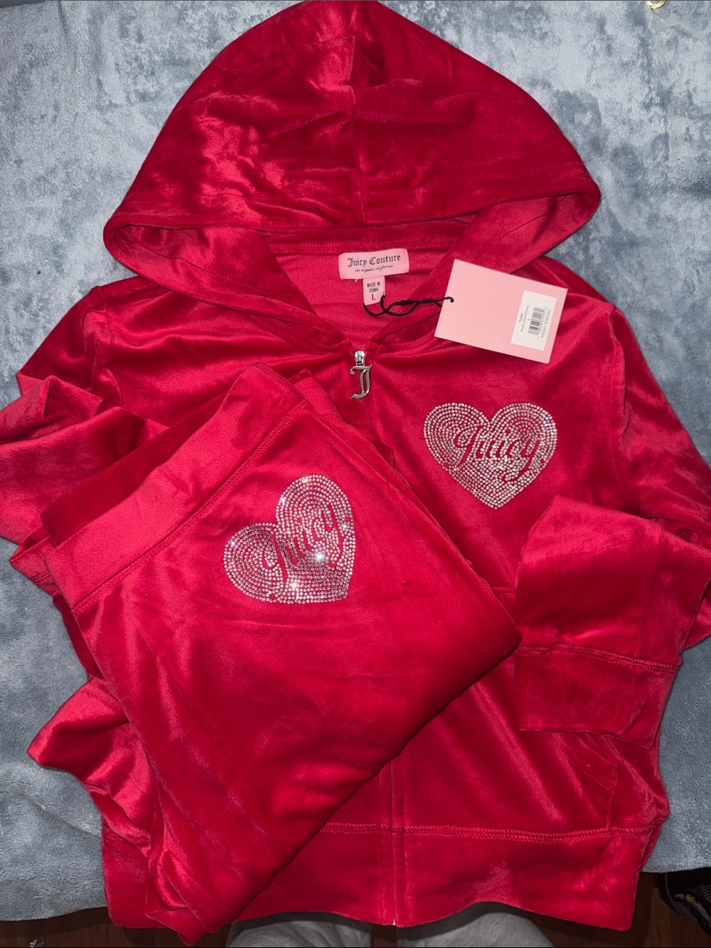 Juicy Couture Red Velour Joggers with Rhinestone Heart & zip up hoodie